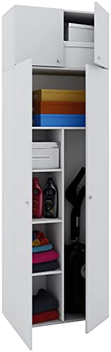 VCM Besenschrank | 6 Fächer | Maße B. 70 x H. 238 x T. 40 cm | Haushaltsschrank | Mehrzweckschrank | Aufsatz mit Zwei Türen - Vandol Weiß von VCM