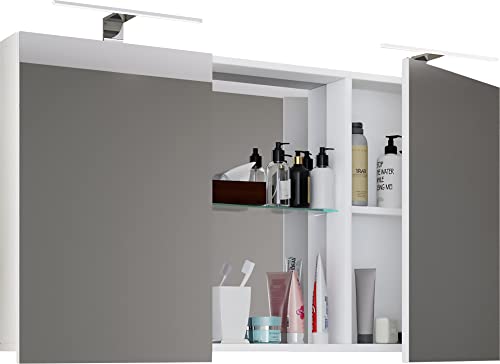 VCM Badschrank zeitlos | Maße ca. H. 59 x B. 112 cm T. 12 cm | Zwei Drehtüren mit Ablagefächer | Spiegelschrank - Budasi von VCM