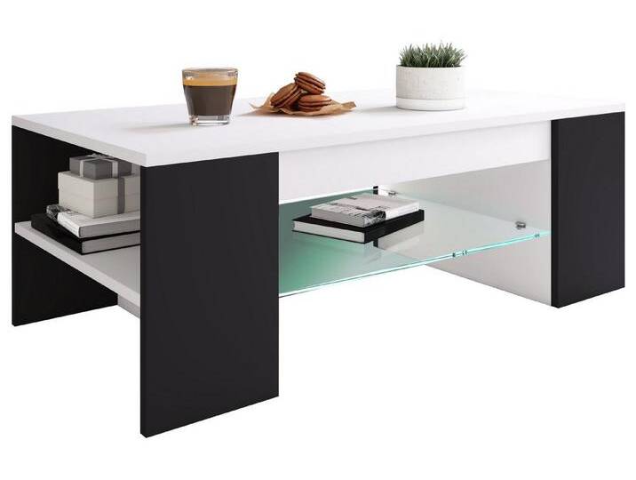 VCM Couchtisch Holz Sofatisch Couchtisch Schublade Glas Tunas, schwarz, Weiß / Schwarz von VCM