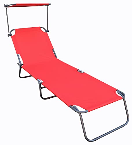 VCM Sonnenliege klappbar | Gartenliege faltbar, leicht und kompakt | Liegestuhl für Balkon, Strand und Camping mit verstellbarem Sonnendach | Rot von VCM