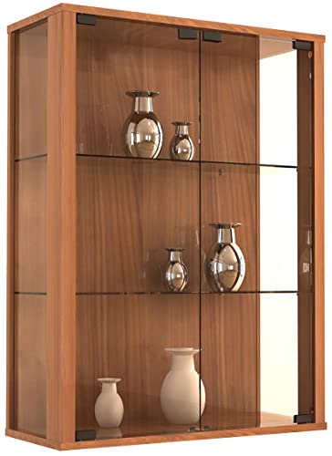 VCM Glasvitrine hängend | Vitrine Glas mit ESG-Sicherheitsglas | Maße: H. 80 x B. 60 x T. 25 cm | Hängevitrine Glas | Modern und platzsparend | Glas Vitrinenschrank - Udina Kern-Nussbaum von VCM