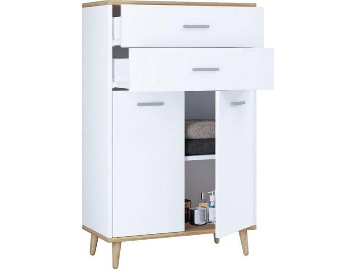 VCM Highboard Kommode Lindas, Weiß/Honig-Eiche, 2 Schubladen, 2 Drehtüren, modernes Design von VCM