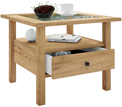 VCM Holz Beistelltisch mit ESG-Sicherheitsglas | Couchtisch schlicht | Maße ca. H. 42 x B. 54 x T. 54 cm | Wohnzimmertisch mit Schublade | Sofatisch - Lingis M von VCM