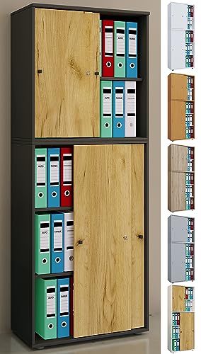 VCM Holz Büroschrank Ordner Aktenschrank Büromöbel Schrank Lona 5-Fach Schiebetüren Buche von VCM