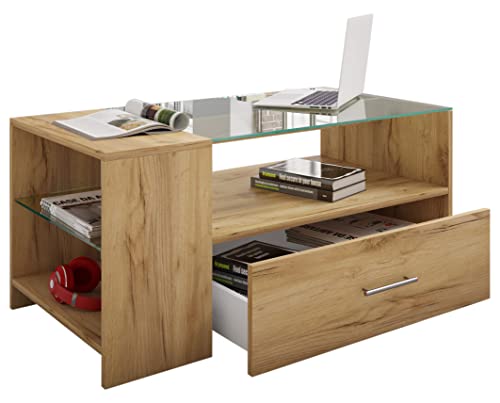 VCM Holz Couchtisch mit ESG-Sicherheitsglas | Sofatisch mit ausreichend Stauraum | Maße ca. H. 45 x B. 100 x T. 50 cm | Wohnzimmertisch mit Schublade - Tindala von VCM