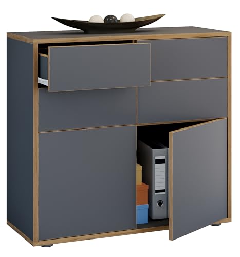 VCM Holz Kommode | Sideboard mit Drehtüren und Schubladen | Büromöbel | Maße ca H. 74 x B. 100 x T. 32cm - Salia Anthrazit von VCM