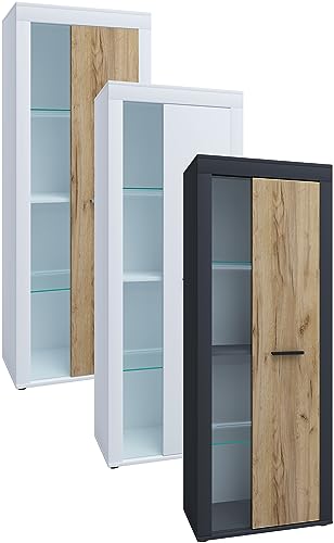 VCM Holz Kommode Sideboard Highboard Vitrine Wohnzimmer Schrank Usilo Drehtür Glas Anthrazit/Honig-Eiche von VCM