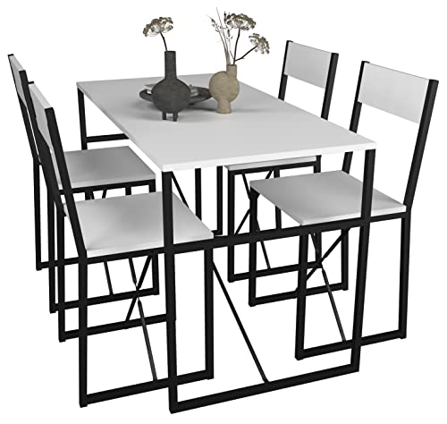 VCM 5-TLG. Holz Metall Essgruppe Küchentisch Esstisch Set Tischgruppe Tisch Stühle Insasi L Weiß von VCM