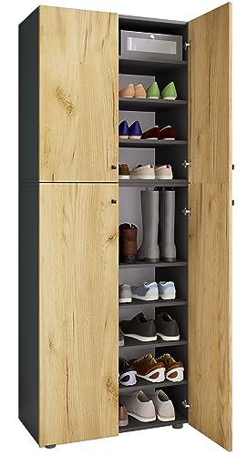 VCM Holz-Schuhschrank | Maße: B. 70 x H. 184 x T. 40 cm | Allzweckschrank | 9 Fächer | 4 Drehtüren - Lona von VCM