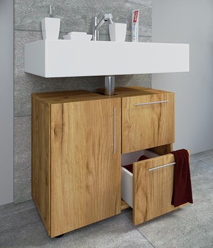VCM Holz Waschbeckenunterschrank | Badschrank | Maße: H. 51 x B. 61 x T. 32 cm | 1 Drehtür | 2 große Schubladen | modernes Badezimmermöbel - Flandu von VCM