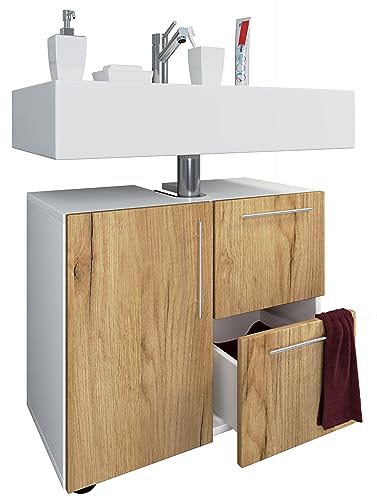 VCM Holz Waschbeckenunterschrank | Badschrank | Maße: H. 51 x B. 61 x T. 32 cm | 1 Drehtür | 2 große Schubladen | modernes Badezimmermöbel - Flandu von VCM