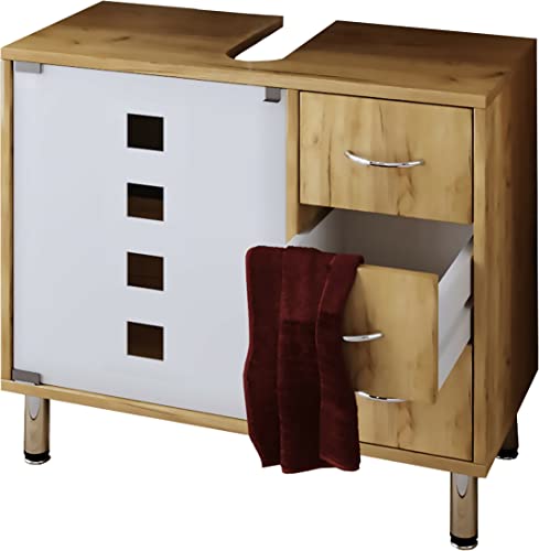 VCM Holz Waschbeckenunterschrank | Badschrank | Maße: H. 58 x B. 67 x T. 30 cm | 1 ESG-Sicherheitsglastür | 3 Schubladen | modernes Badezimmermöbel - Darola von VCM
