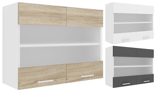 VCM Küchenschrank Breite 80 cm Matt Glastür Hängeschrank Küche Küchenmöbel Esilo Weiß/Sonoma-Eiche von VCM