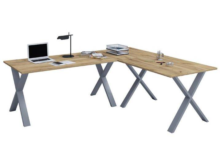 VCM Schreibtisch X Schreibtisch Eckschreibtisch L Form 190x130x50, braun silberfarben, Silber / Honig-Eiche VCM Schreibtisch X Schreibtisch Eckschreibtisch L Form 190x130x50, braun silberfarben, Silber / Honig-Eiche von VCM