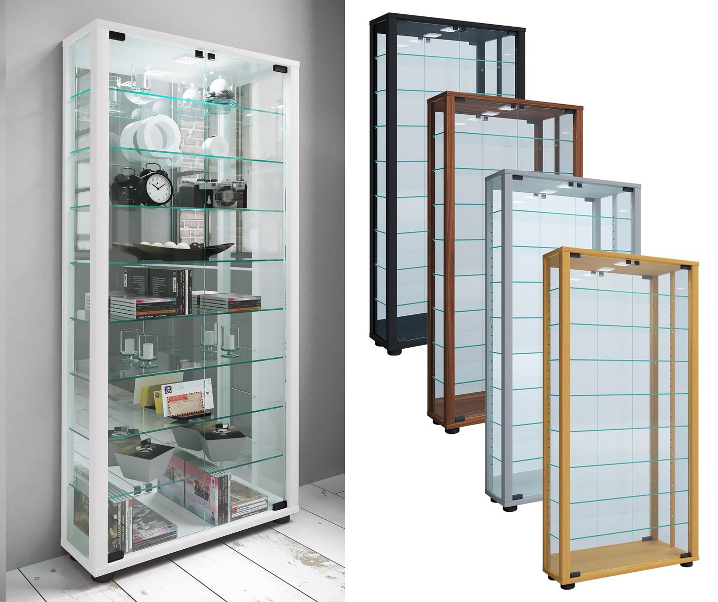 VCM Standvitrine Glas Stand Vitrine Sammelvitrine Lumo Maxi Spiegel von VCM