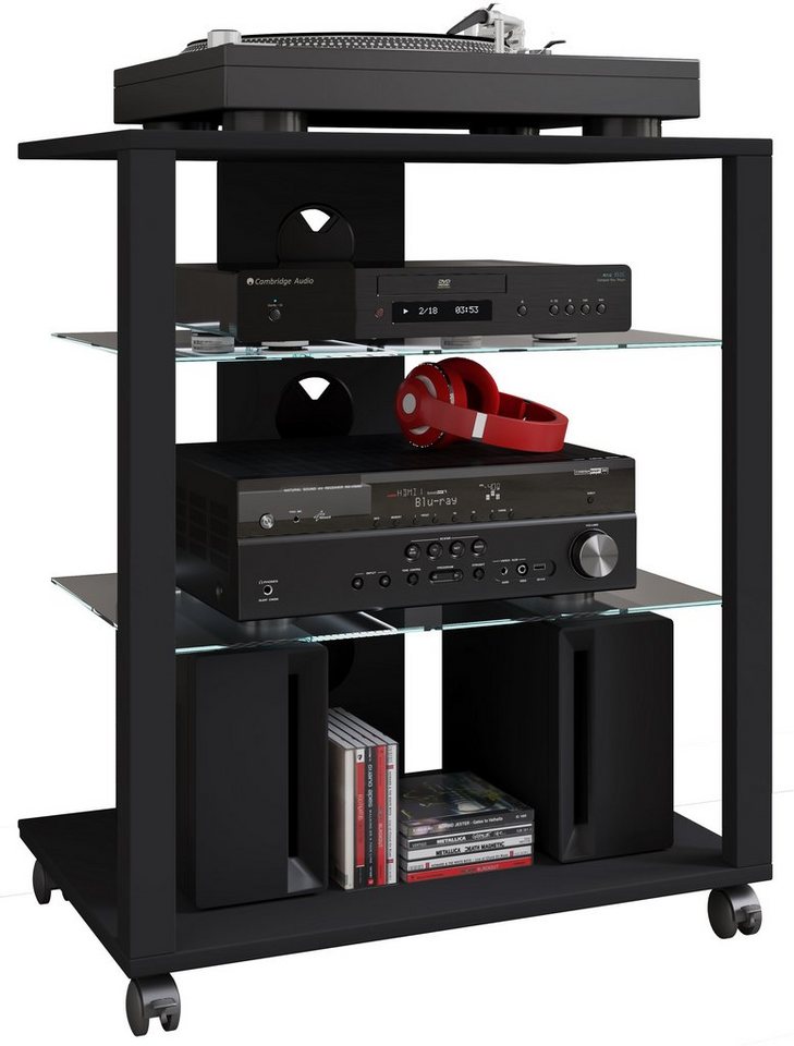 VCM TV-Rack Hifi Möbel Rack Glas Phono Mediaregal Folas Rollen von VCM