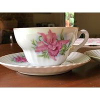 Vintage Paar Napco China Untertassen Mit Einer Tasse, Handbemaltes Rosa Iris Muster, Goldbemalte Kammbesatz von VCRVintageShop