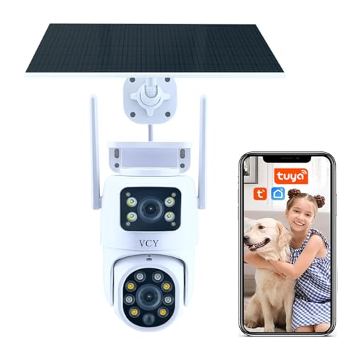 Überwachungskamera Aussen Akku und Solar: 4K WLAN Kamera Outdoor Kabellos - 360° Außenkamera mit Monitor Alarmanlage Nachtsichtfunktion WiFi Camera Bewegungsmelder Dual-Objektiv Überwachung, Tuya-App von VCY