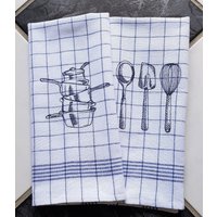 2 Küchentücher Geschirrtücher Töpfe Backbesteck Gestickt Halbleinen 2Er Set von VCrownKreativTextil