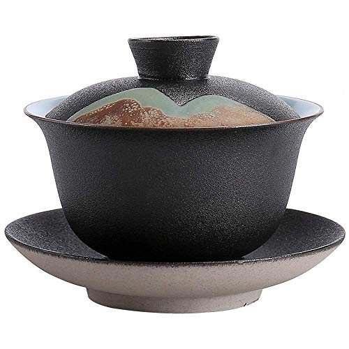 Vintage Tee Tasse Untertasse Abdeckung Set, Ceramic Gaiwan Kung Fu Tea Set Black 11x8.3cm 180ml Mountain Pattern von VDCVADKYE