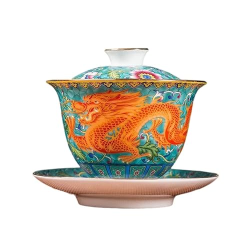 Vintage Tee Tasse Untertasse Abdeckung Set, White Porcelain Dragon Embossed Gaiwan Kung Fu Tea Set 3.74x3.66 Inches 150ml von VDCVADKYE