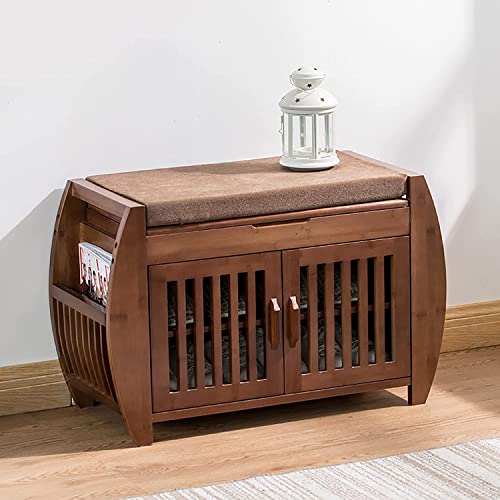 VDLLQYN, Mit Zeitschriftenhalter, rustikales Schuhregal, Schrank-Organizer for den Eingangsbereich, Leinenpolster, braune Bank ，Schuhablage Bank(72x46.5x32cm(28x18x13inch)) von VDLLQYN