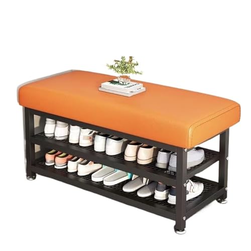 VDLLQYN, for kleine Räume Schwarzes Schuhregal aus Metall nizer for den Flur Moderne Schuhaufbewahrungsbank mit gepolstertem Sitz Farboption in Weiß ，Schuhablage Bank(Black orange) von VDLLQYN