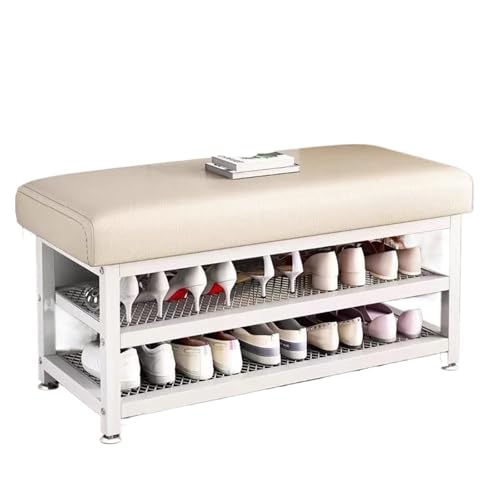 VDLLQYN, for kleine Räume Schwarzes Schuhregal aus Metall nizer for den Flur Moderne Schuhaufbewahrungsbank mit gepolstertem Sitz Farboption in Weiß ，Schuhablage Bank(White White) von VDLLQYN