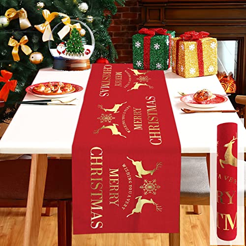 Tischläufer Weihnachten Rot, Leinen Weihnachtstischläufer Tischdecke mit Gold Rentier Schneeflocke Muster, 12 x 108 Zoll Lang Weihnachts Tischläufer Weihnachtstischdecke für Weihnachten Tischdeko von VDSOW