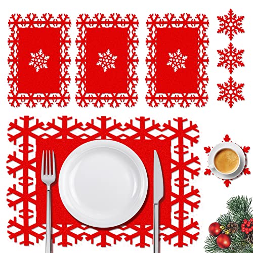 Weihnachten Tischsets und Untersetzer 4er Set, Rot Filz Weihnachten Platzsets und Tischuntersetzer Frohe Weihnachten Schneeflocke Muster, Abwaschbar Weihnachten Platzdeckchen (Snowflakes) von VDSOW