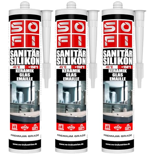VE-INDUSTRIES Sanitär Silikon 3 x 280ml transparent Acetat Dichtstoff schimmelresistent Bad Küche Dusche von VE-INDUSTRIES