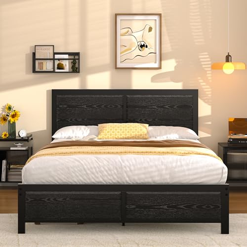 VECELO Bettgestell, 140 x 190 cm, Plattformrost mit rustikalem Kopf, aus Holz, Vintage, Lattenrost aus stabilem Metall, mit Aufbewahrung, einfache Montage, Schwarz VECELO Bettgestell, 140 x 190 cm, Plattformrost mit rustikalem Kopf, aus Holz, Vintage, Lattenrost aus stabilem Metall, mit Aufbewahrung, einfache Montage, Schwarz von VECELO