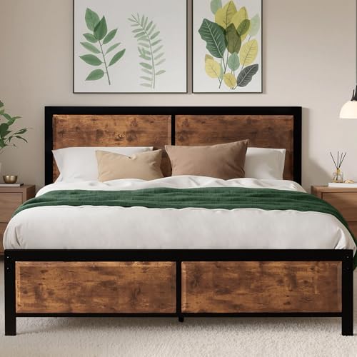VECELO Bettgestell 140 x 200 cm Metallbett mit Dick Holzkopfteil, Bettrahmen Doppelbett aus Metal mit Lattenrost, viel Stauraum unter dem Bett, perfekt für Schlafzimmer, Braun VECELO Bettgestell 140 x 200 cm Metallbett mit Dick Holzkopfteil, Bettrahmen Doppelbett aus Metal mit Lattenrost, viel Stauraum unter dem Bett, perfekt für Schlafzimmer, Braun von VECELO