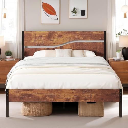 VECELO Bettgestell 140 x 200 cm Bettrahmen mit Lattenrost, Doppelbett Metallbett mit Dick Holzkopfteil, Modern Gästebett Jugendbett, Perfekt für Erwachsene und Jugendliche, Braun von VECELO