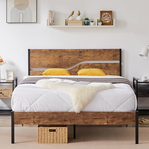 VECELO Bettgestell 140 x 200 cm, Metallbett mit Doppelschicht Holzkopfteil und Lattenrost, Modern Gästebett Jugendbett mit Stauraum Unter Dem Bett, Perfekt für Schlafzimmer, Braun von VECELO