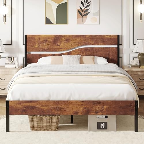 VECELO Bettgestell 140 x 200 cm, Metallbett mit Doppelschicht Holzkopfteil und Lattenrost, Modern Gästebett Jugendbett mit Stauraum Unter Dem Bett, Perfekt für Schlafzimmer, Braun von VECELO