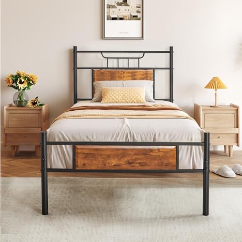 VECELO Bettgestell 90 x 200 cm, Metallbett mit Dick Holzkopfteil und Lattenrost, Doppelbett mit Stauraum unter dem Bett, perfekt für Schlafzimmer, Braun von VECELO