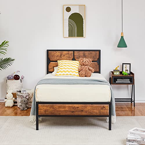 VECELO Bettgestell 90 x 200 cm, Metallbett mit Dick Holzkopfteil und Lattenrost, Doppelbett mit Stauraum unter dem Bett, perfekt für Schlafzimmer,Vintage Braun VECELO Bettgestell 90 x 200 cm, Metallbett mit Dick Holzkopfteil und Lattenrost, Doppelbett mit Stauraum unter dem Bett, perfekt für Schlafzimmer,Vintage Braun von VECELO
