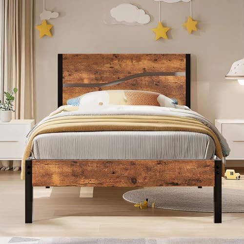 VECELO Bettgestell 90 x 200 cm, Metallbett mit Dick Holzkopfteil und Lattenrost, Modern Gästebett Jugendbett mit Stauraum Unter Dem Bett, Perfekt für Schlafzimmer, Braun von VECELO