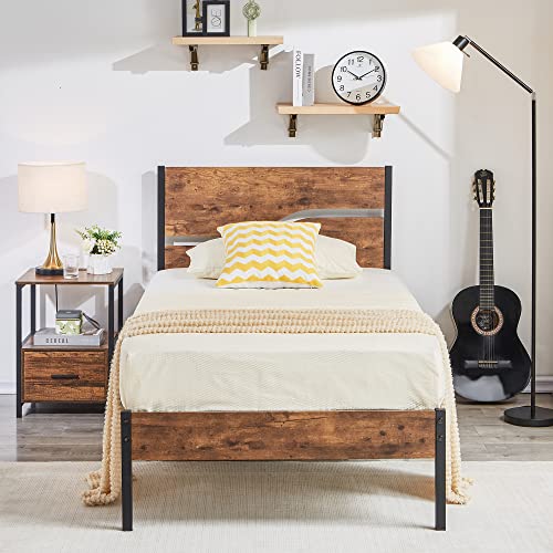 VECELO Bettgestell 90 x 200 cm, Metallbett mit Dick Holzkopfteil und Lattenrost, Modern Gästebett Jugendbett mit Stauraum Unter Dem Bett, Perfekt für Schlafzimmer, Braun VECELO Bettgestell 90 x 200 cm, Metallbett mit Dick Holzkopfteil und Lattenrost, Modern Gästebett Jugendbett mit Stauraum Unter Dem Bett, Perfekt für Schlafzimmer, Braun von VECELO