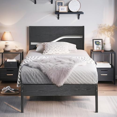 VECELO Bettgestell 90 x 200 cm, Metallbett mit Dick Holzkopfteil und Lattenrost, Modern Gästebett Jugendbett mit Stauraum Unter Dem Bett, Perfekt für Schlafzimmer, Braun von VECELO