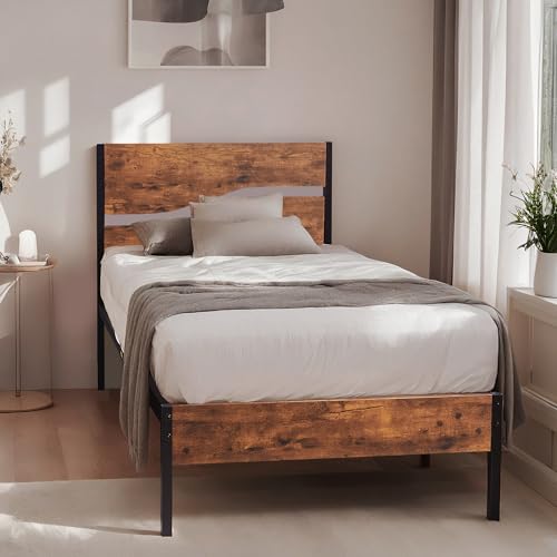 VECELO Bettgestell 90 x 200 cm, Metallbett mit Dick Holzkopfteil und Lattenrost, Modern Gästebett Jugendbett mit Stauraum Unter Dem Bett, Perfekt für Schlafzimmer, Braun VECELO Bettgestell 90 x 200 cm, Metallbett mit Dick Holzkopfteil und Lattenrost, Modern Gästebett Jugendbett mit Stauraum Unter Dem Bett, Perfekt für Schlafzimmer, Braun von VECELO