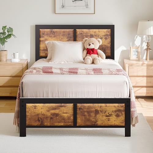 VECELO Bettgestell 90 x 200 cm, Metallbett mit Dick Holzkopfteil und Lattenrost, Modern Gästebett Jugendbett mit Stauraum Unter Dem Bett, Perfekt für Schlafzimmer, Braun VECELO Bettgestell 90 x 200 cm, Metallbett mit Dick Holzkopfteil und Lattenrost, Modern Gästebett Jugendbett mit Stauraum Unter Dem Bett, Perfekt für Schlafzimmer, Braun von VECELO