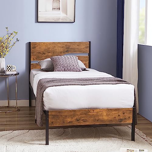 VECELO Bettgestell 90 x 200 cm, Metallbett mit Dick Holzkopfteil und Lattenrost, Modern Gästebett Jugendbett mit Stauraum Unter Dem Bett, Perfekt für Schlafzimmer, Braun von VECELO