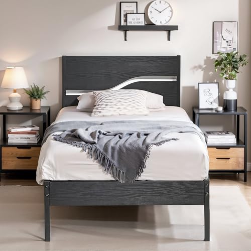 VECELO Bettgestell 90 x 200 cm, Metallbett mit Doppelschicht Holzkopfteil und Lattenrost, Modern Gästebett Jugendbett mit Stauraum Unter Dem Bett, Perfekt für Schlafzimmer, Schwarz VECELO Bettgestell 90 x 200 cm, Metallbett mit Doppelschicht Holzkopfteil und Lattenrost, Modern Gästebett Jugendbett mit Stauraum Unter Dem Bett, Perfekt für Schlafzimmer, Schwarz von VECELO