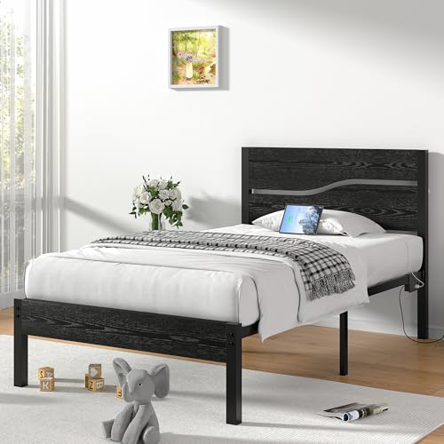 VECELO Bettgestell 90 x 200 cm, Metallbett mit Doppelschicht Holzkopfteil und Lattenrost, Modern Gästebett Jugendbett mit Stauraum Unter Dem Bett, Perfekt für Schlafzimmer, Schwarz von VECELO
