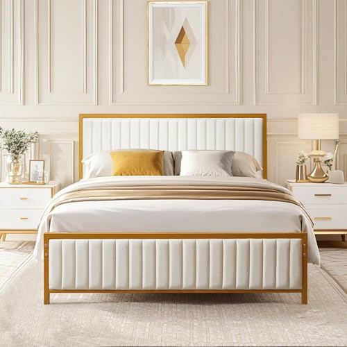 VECELO Doppelbettrahmen mit gepolstertem Kopfteil und Fußteil aus Leinen, robuste Plattform mit starken Metalllamellen, kein Boxspringbett nötig, einfache Montage, Beige VECELO Doppelbettrahmen mit gepolstertem Kopfteil und Fußteil aus Leinen, robuste Plattform mit starken Metalllamellen, kein Boxspringbett nötig, einfache Montage, Beige von VECELO