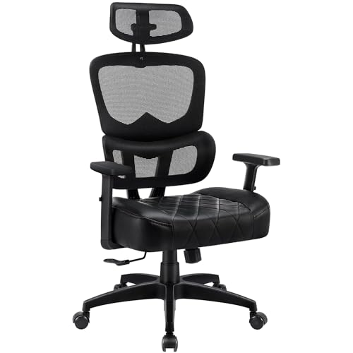 VECELO Ergonomischer Bürostuhl, Lendenwirbellehne, Kopfstütze und Armlehnen, Computer, drehbar, hohe Rückenlehne, bequem, für Zuhause, Schwarz, Nylon, belastbar bis 120 kg von VECELO