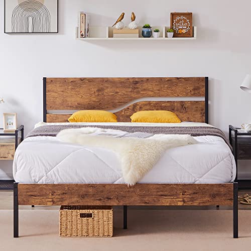 VECELO Bettgestell 140 x 200 cm, Metallbett mit Doppelschicht Holzkopfteil und Lattenrost, Modern Gästebett Jugendbett mit Stauraum Unter Dem Bett, Perfekt für Schlafzimmer, Braun von VECELO