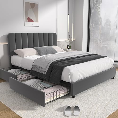 VECELO Polsterbett 160 x 200 cm, Doppelbett mit 4 Schubladen und Höhenverstellbarem Kopfteil, Gepolstertes Bettgestell mit Lattenrost, Viel Stauraum, Samt, Ohne Matratze, Dunkelgrau von VECELO